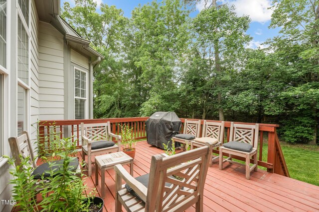 7 Teahouse Ct, Durham, NC 27707 - wooden deck with grilling area and view of wooded area