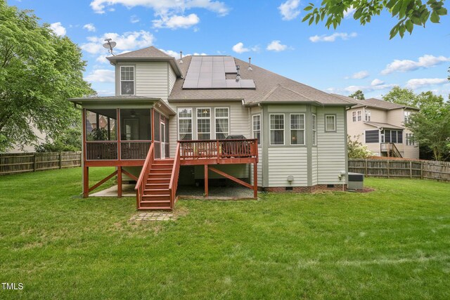 7 Teahouse Ct, Durham, NC 27707 - rear view of property with a sunroom, stairway, a wooden deck, crawl space, and roof mounted solar panels