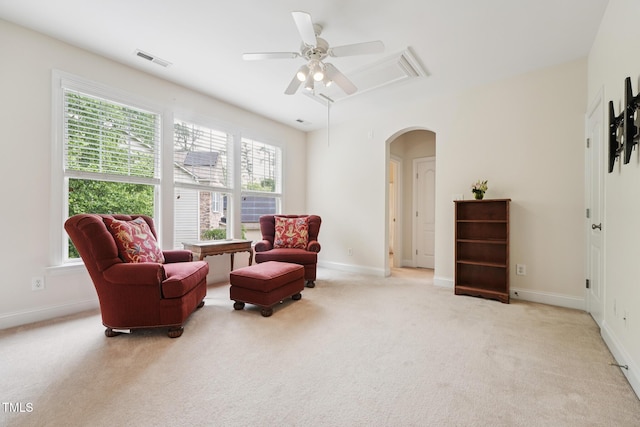 7 Teahouse Ct, Durham, NC 27707 - sitting room with a ceiling fan, attic access, carpet, and arched walkways