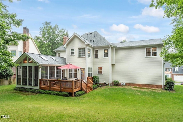 103 Rose Sky Ct, Cary, NC 27513 - rear view of property featuring a sunroom, a lawn, and a wooden deck