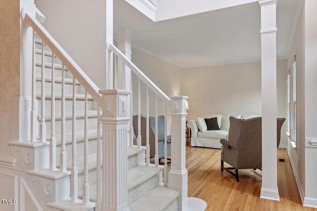103 Rose Sky Ct, Cary, NC 27513 - stairs with wood finished floors and ornamental molding