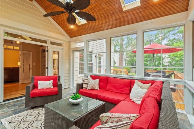103 Rose Sky Ct, Cary, NC 27513 - sunroom with wooden ceiling, a skylight, and high vaulted ceiling