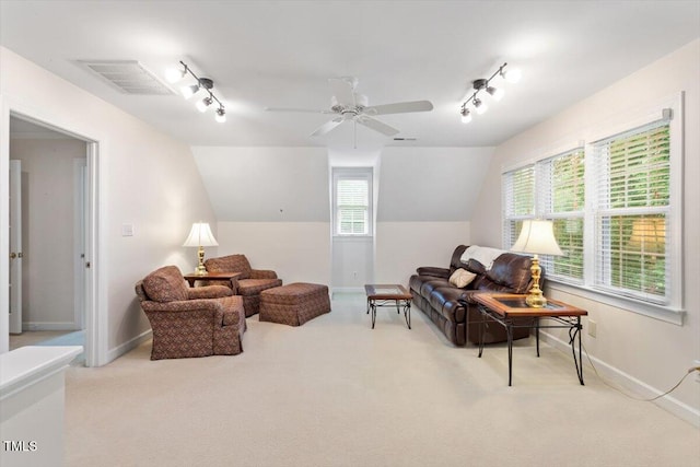 103 Rose Sky Ct, Cary, NC 27513 - living area with track lighting, carpet, baseboards, vaulted ceiling, and ceiling fan