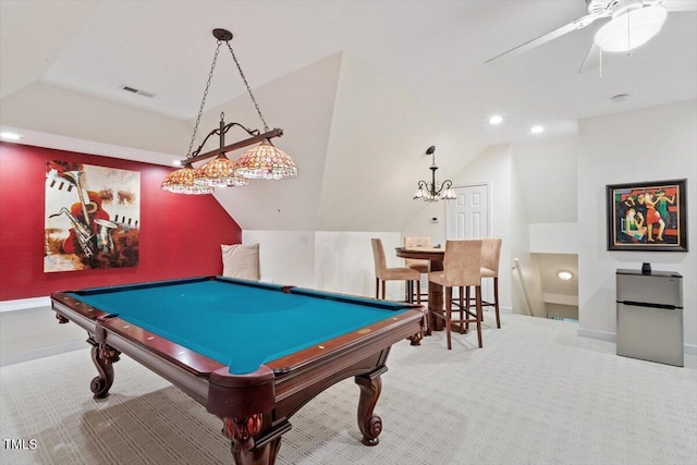 103 Rose Sky Ct, Cary, NC 27513 - rec room with carpet flooring, baseboards, lofted ceiling, pool table, and recessed lighting