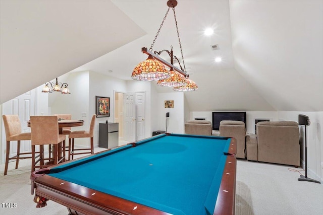 103 Rose Sky Ct, Cary, NC 27513 - recreation room with carpet flooring, billiards, vaulted ceiling, and baseboards