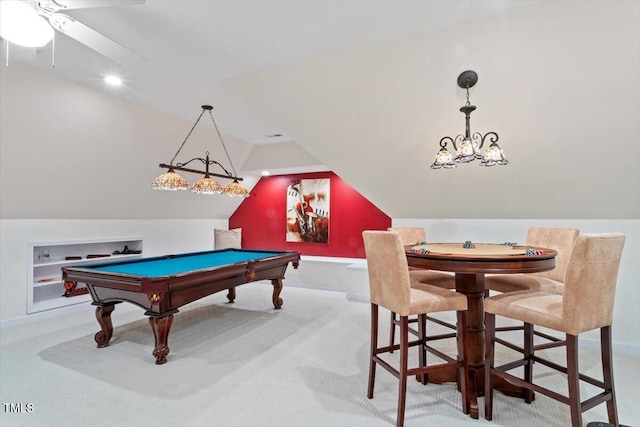 103 Rose Sky Ct, Cary, NC 27513 - playroom featuring carpet, lofted ceiling, billiards, baseboards, and a ceiling fan