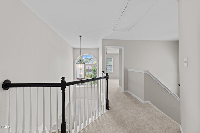 5942 Big Nance Dr, Raleigh, NC 27616 - hall featuring an upstairs landing, attic access, carpet flooring, and baseboards