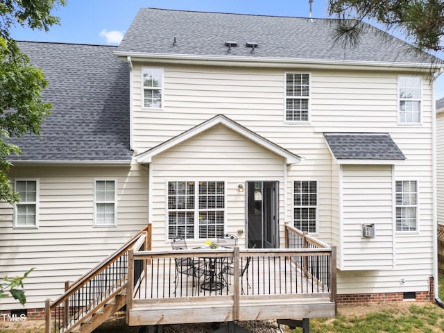 5942 Big Nance Dr, Raleigh, NC 27616 - rear view of house featuring crawl space, a shingled roof, and a wooden deck
