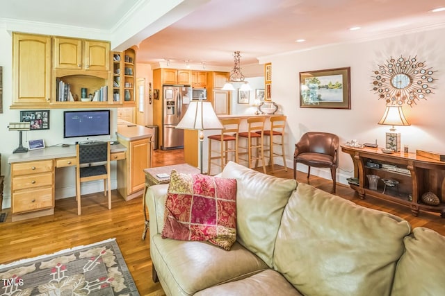 582 Wimbleton Dr, Raleigh, NC 27609 - living room with light wood-style floors, ornamental molding, baseboards, and recessed lighting