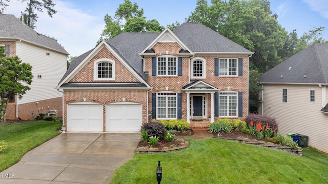 13121 Sargas St, Raleigh, NC 27614 - colonial inspired home with brick siding, a front lawn, driveway, and roof with shingles