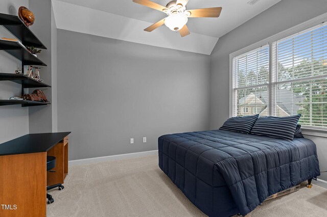 13121 Sargas St, Raleigh, NC 27614 - bedroom with light carpet, baseboards, ceiling fan, and vaulted ceiling
