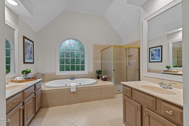 13121 Sargas St, Raleigh, NC 27614 - full bath with two vanities, a stall shower, a bath, tile patterned flooring, and lofted ceiling