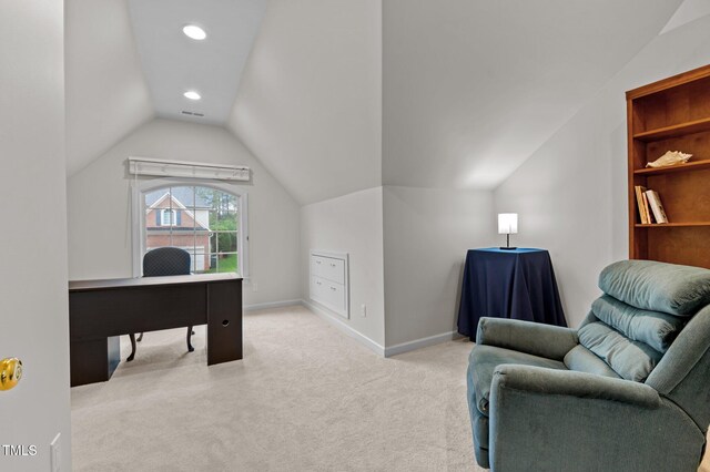 13121 Sargas St, Raleigh, NC 27614 - office with lofted ceiling, light carpet, recessed lighting, and baseboards