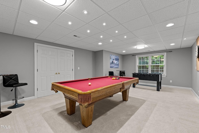 13121 Sargas St, Raleigh, NC 27614 - recreation room featuring light carpet, billiards, recessed lighting, baseboards, and a paneled ceiling