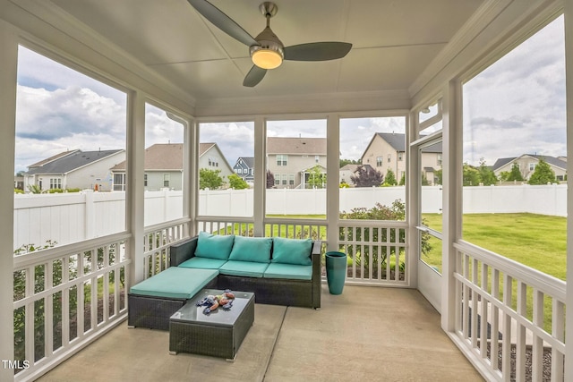 40 Two Creeks Loop, Chapel Hill, NC 27517 - sunroom featuring a residential view, a ceiling fan, and an outdoor living space