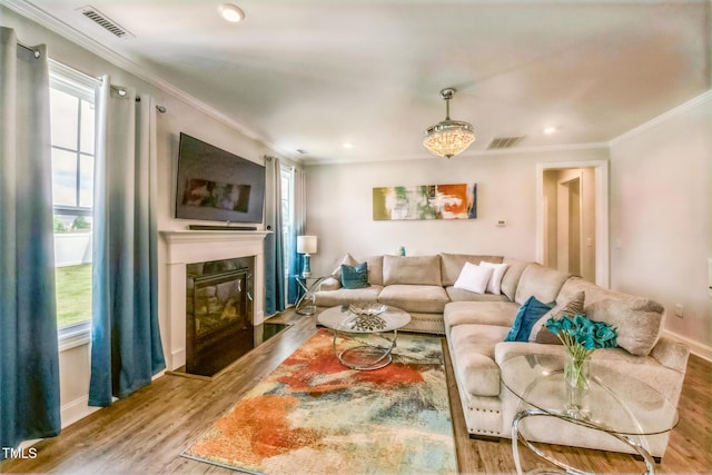 40 Two Creeks Loop, Chapel Hill, NC 27517 - living room with a fireplace, crown molding, wood finished floors, and recessed lighting