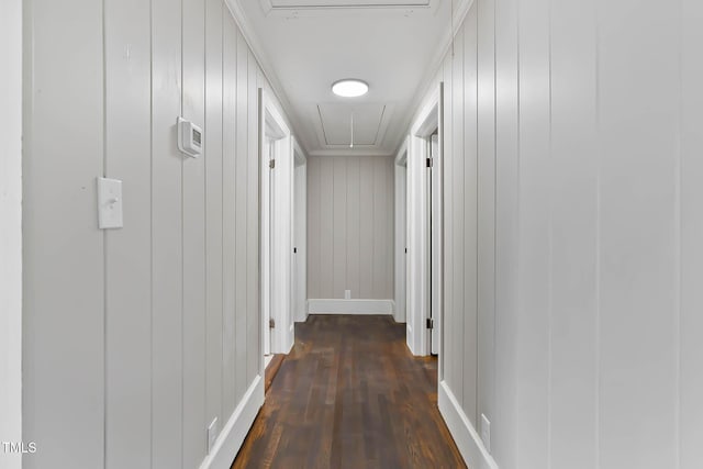 519 W Raleigh St, Siler City, NC 27344 - corridor featuring attic access, dark wood finished floors, and baseboards