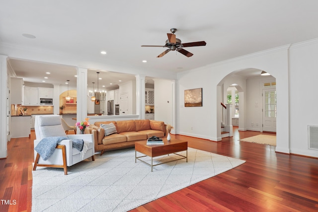 118 Killingsworth Dr, Cary, NC 27518 - living room featuring ceiling fan, wood finished floors, ornamental molding, baseboards, and recessed lighting