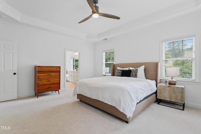 118 Killingsworth Dr, Cary, NC 27518 - bedroom featuring a raised ceiling, ornamental molding, multiple windows, light carpet, and baseboards