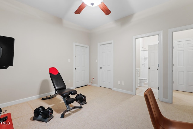 118 Killingsworth Dr, Cary, NC 27518 - exercise room featuring ceiling fan, carpet flooring, and baseboards