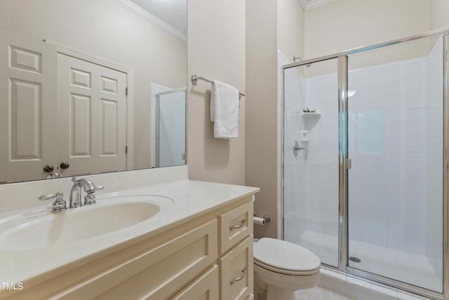 118 Killingsworth Dr, Cary, NC 27518 - bathroom featuring ornamental molding, toilet, a stall shower, and vanity