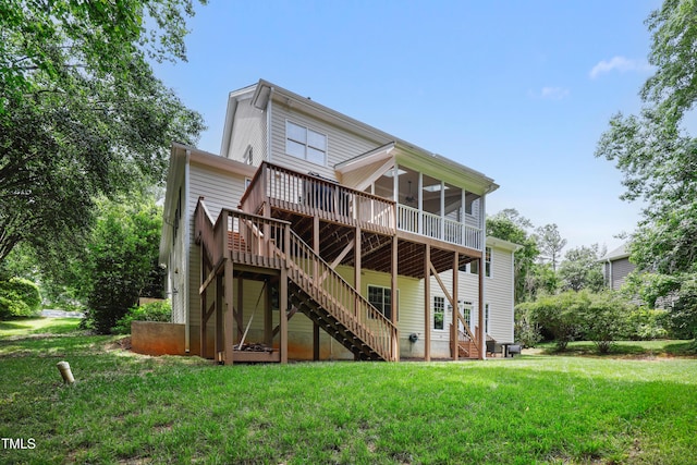 118 Killingsworth Dr, Cary, NC 27518 - back of house with stairs, a sunroom, a yard, and a wooden deck
