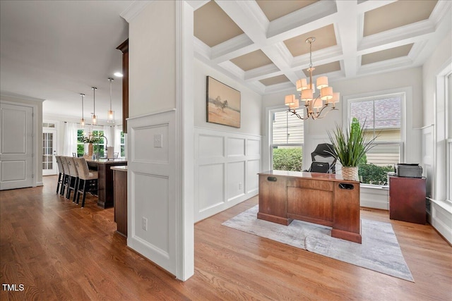 2256 Toad Hollow Trl, Apex, NC 27502 - office featuring a decorative wall, a chandelier, light wood-style floors, beam ceiling, and coffered ceiling