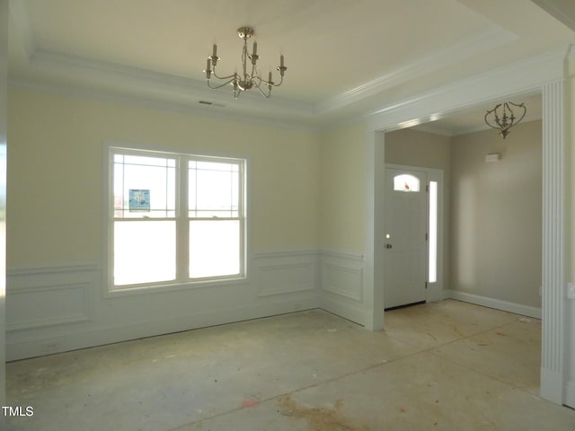 788 Shade Tree Rd, Benson, NC 27504 - foyer with a chandelier, crown molding, a wainscoted wall, a decorative wall, and a tray ceiling