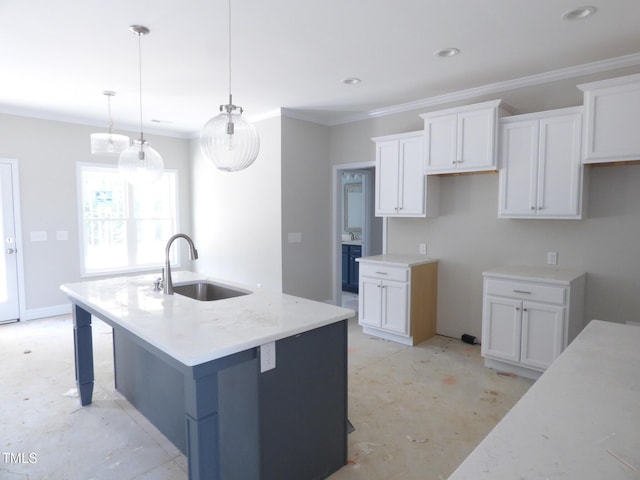 788 Shade Tree Rd, Benson, NC 27504 - kitchen featuring a sink, a center island with sink, white cabinetry, light stone countertops, and pendant lighting