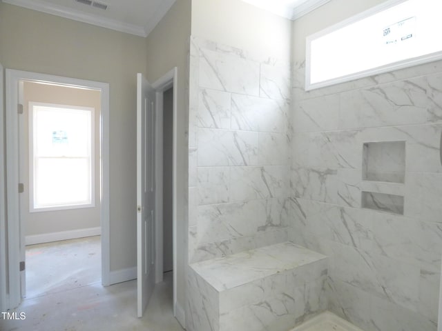 788 Shade Tree Rd, Benson, NC 27504 - bathroom featuring crown molding, plenty of natural light, and tiled shower