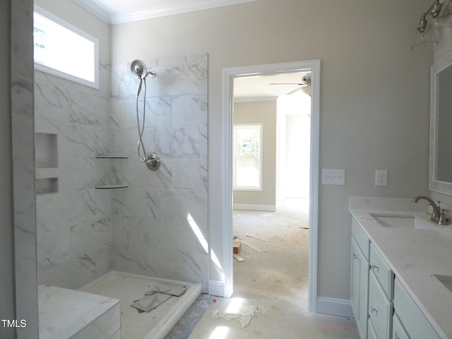 788 Shade Tree Rd, Benson, NC 27504 - bathroom with a marble finish shower, double vanity, crown molding, and ceiling fan