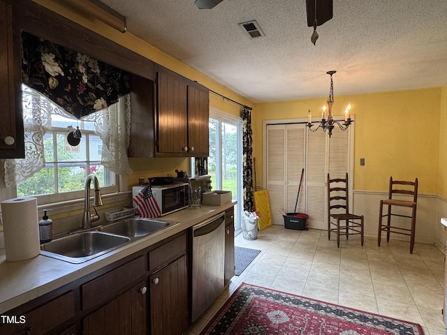 8405 Falcon Crest Cir, Angier, NC 27501 - kitchen with dishwasher, a chandelier, dark brown cabinetry, hanging light fixtures, and a textured ceiling