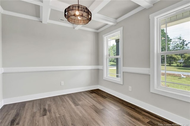 4037 Fulford Mcmillan Rd, Raeford, NC 28376 - spare room featuring a chandelier, coffered ceiling, beamed ceiling, dark wood-style flooring, and baseboards