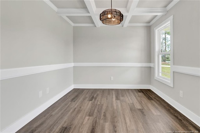 4037 Fulford Mcmillan Rd, Raeford, NC 28376 - empty room with a chandelier, wood finished floors, beam ceiling, coffered ceiling, and baseboards