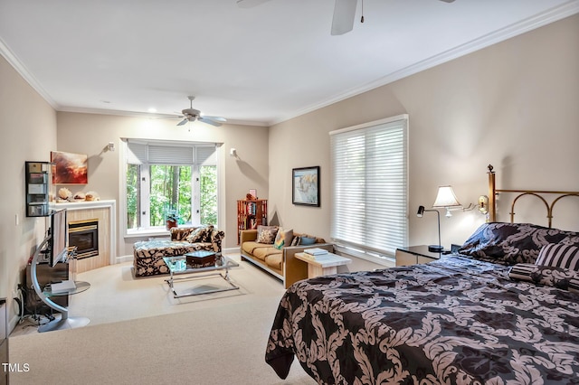 81106 Alexander, Chapel Hill, NC 27517 - carpeted bedroom with ornamental molding, a fireplace, and a ceiling fan