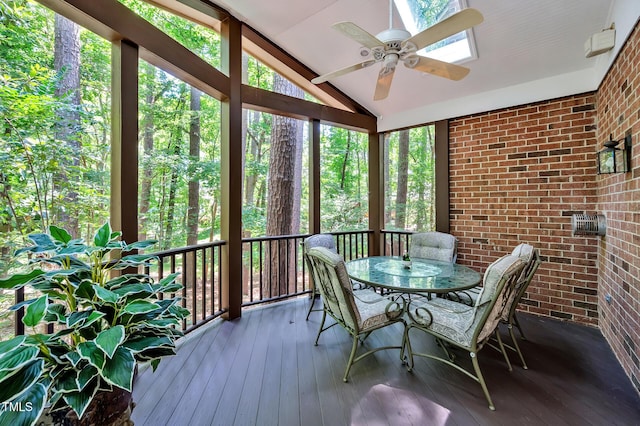 81106 Alexander, Chapel Hill, NC 27517 - sunroom with ceiling fan, vaulted ceiling, outdoor dining area, and a skylight