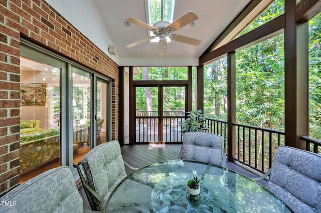 81106 Alexander, Chapel Hill, NC 27517 - sunroom / solarium featuring a ceiling fan, outdoor dining space, lofted ceiling, and plenty of natural light