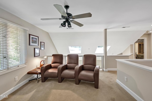 81106 Alexander, Chapel Hill, NC 27517 - cinema featuring a skylight, light carpet, vaulted ceiling, and a ceiling fan