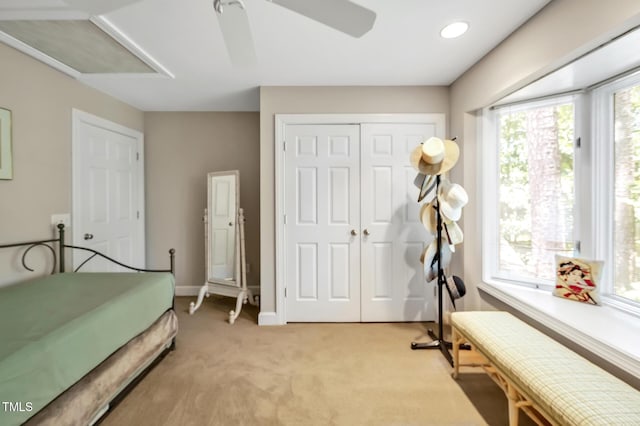 81106 Alexander, Chapel Hill, NC 27517 - bedroom featuring light carpet, a closet, a ceiling fan, and recessed lighting