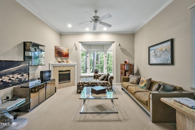 81106 Alexander, Chapel Hill, NC 27517 - carpeted living area featuring a ceiling fan, a fireplace, ornamental molding, and recessed lighting