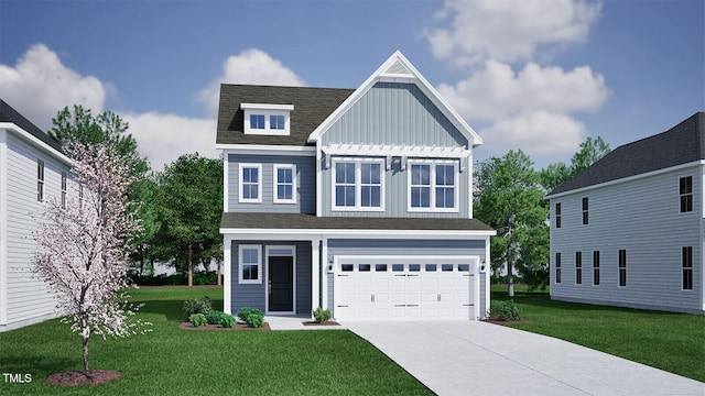 259 Meadowbark Bnd Unit 32, Garner, NC 27529 - view of front facade featuring board and batten siding, driveway, a garage, a front lawn, and a shingled roof