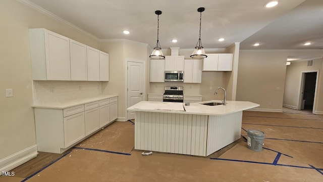 109 Drew St, Louisburg, NC 27549 - kitchen with stainless steel appliances, a sink, backsplash, baseboards, and ornamental molding