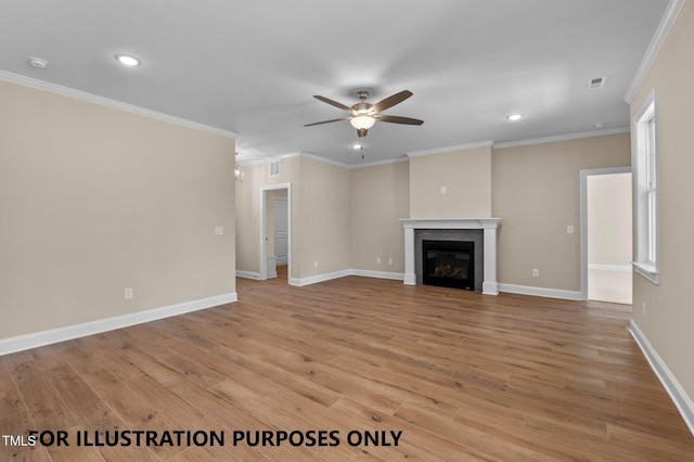 109 Drew St, Louisburg, NC 27549 - unfurnished living room with a ceiling fan, light wood finished floors, recessed lighting, ornamental molding, and baseboards