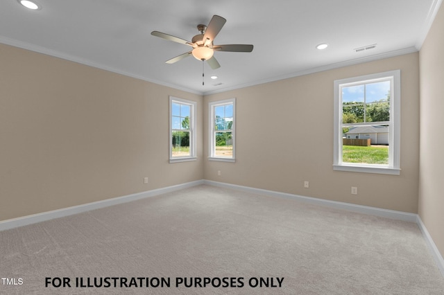 109 Drew St, Louisburg, NC 27549 - unfurnished room with ornamental molding, recessed lighting, light colored carpet, baseboards, and ceiling fan