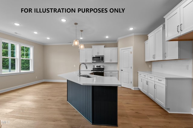 109 Drew St, Louisburg, NC 27549 - kitchen featuring appliances with stainless steel finishes, a sink, ornamental molding, baseboards, and white cabinets