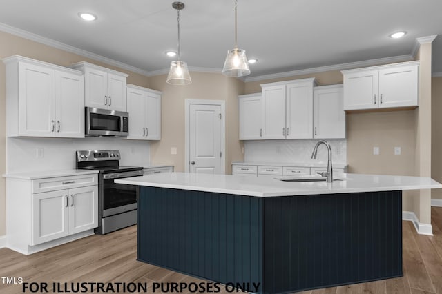 109 Drew St, Louisburg, NC 27549 - kitchen featuring appliances with stainless steel finishes, a sink, white cabinetry, light wood finished floors, and ornamental molding