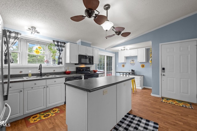 1993 Lucy Garrett Rd, Roxboro, NC 27574 - kitchen featuring black appliances, dark countertops, a textured ceiling, a sink, and light wood-style flooring
