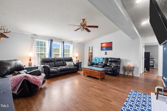 1993 Lucy Garrett Rd, Roxboro, NC 27574 - living area with a textured ceiling, ceiling fan, wood finished floors, crown molding, and vaulted ceiling