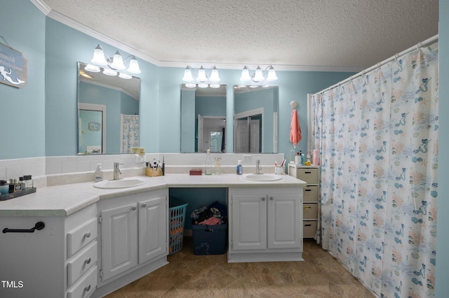 1993 Lucy Garrett Rd, Roxboro, NC 27574 - full bath featuring ornamental molding, double vanity, a textured ceiling, a shower with curtain, and tasteful backsplash