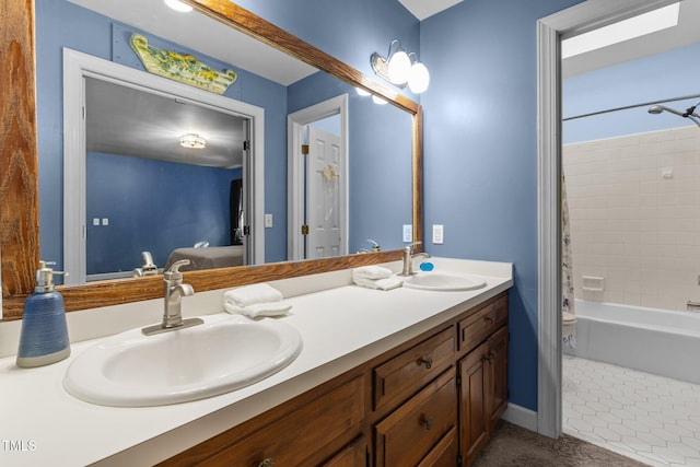 1 Gatesway Ct, Durham, NC 27707 - full bathroom featuring double vanity, connected bathroom, shower / bath combination with curtain, and tile patterned flooring